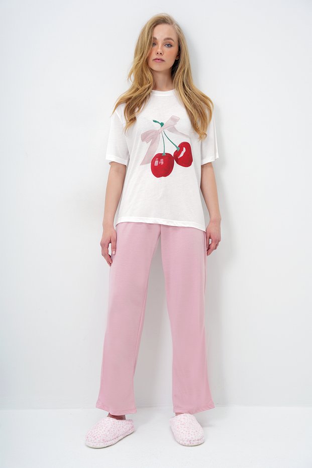 Women's Pink Crew Neck Printed T-Shirt and Solid Color Trousers Pajama Set Pjm-X13883