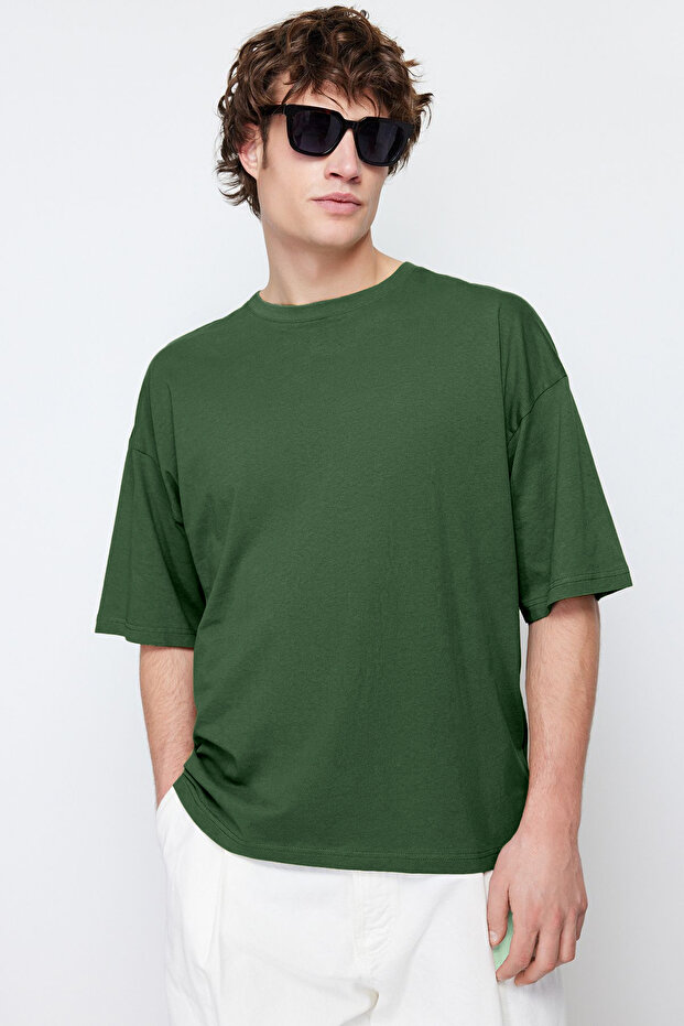 Haki Oversize/Geniş Kesim Basic %100 Pamuk T-Shirt TMNSS22TS0318 - 3
