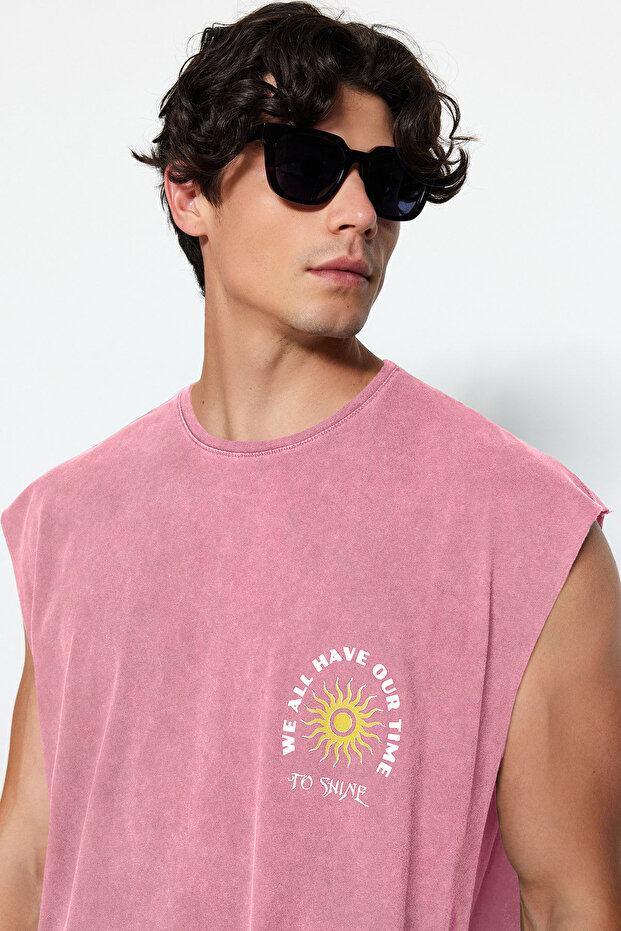 Gül Kurusu Oversize/Geniş Kesim Soluk Efektli Yazı Baskı %100 Pamuk T-Shirt/Atlet TMNSS23AL00009 - 2