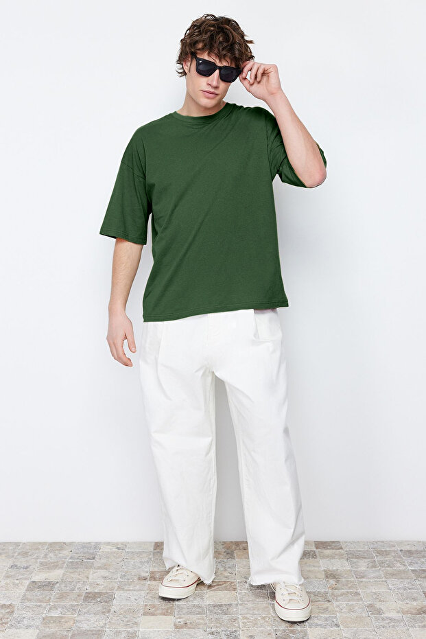 Haki Oversize/Geniş Kesim Basic %100 Pamuk T-Shirt TMNSS22TS0318 - 6