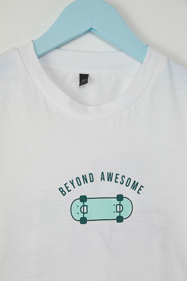 Beyaz Erkek Çocuk %100 Pamuk Slogan Baskılı Oversize Kısa Kol Örme T-Shirt TKDSS25TS00101 - 5