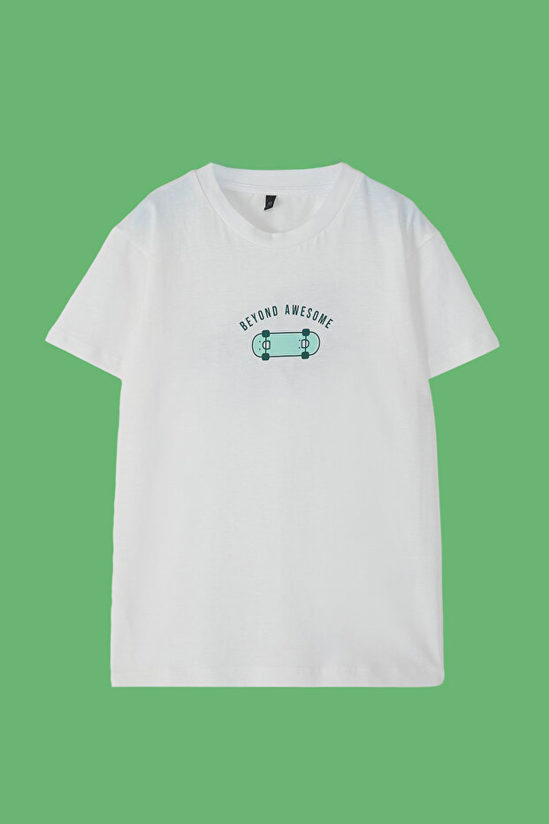 Beyaz Erkek Çocuk %100 Pamuk Slogan Baskılı Oversize Kısa Kol Örme T-Shirt TKDSS25TS00101 - 4