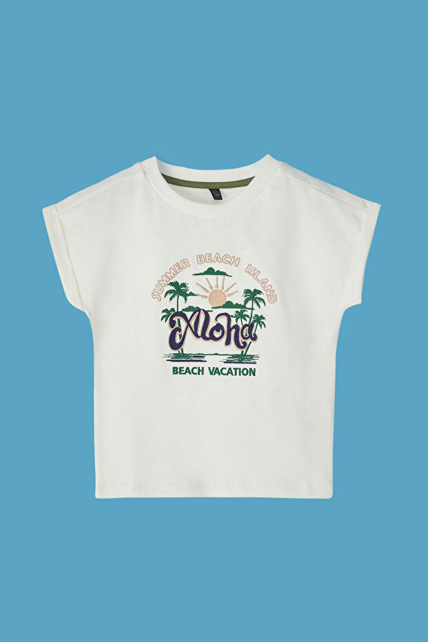 Ekru Kız Çocuk %100 Pamuk Slogan Baskılı Regular Kalıp Karpuz Kol Örme T-Shirt TKDSS25TS00050 - 1