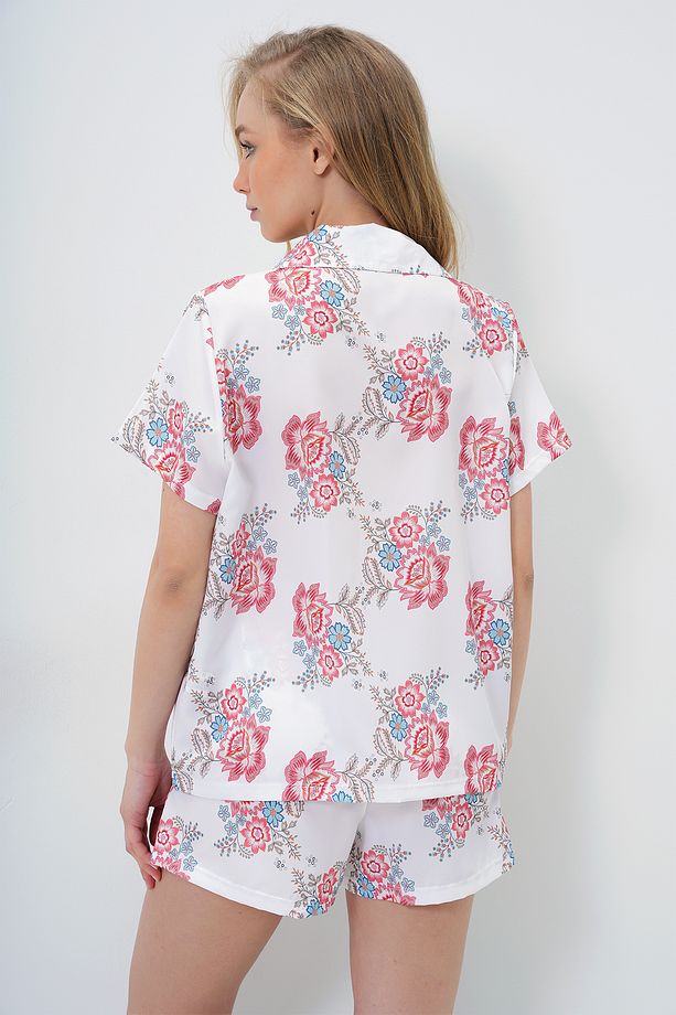 Kadın Ekru Desenli Önü Düğmeli Dokuma Gömlek Ve Şort Pijama Takım PJM-X13890 - 6