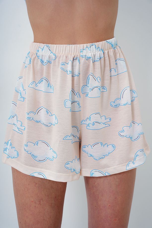 Kadın Ekru Bulut Desenli Örme Pamuklu Gömlek Ve Şort Pijama Takımı PJM-X13887 - 5