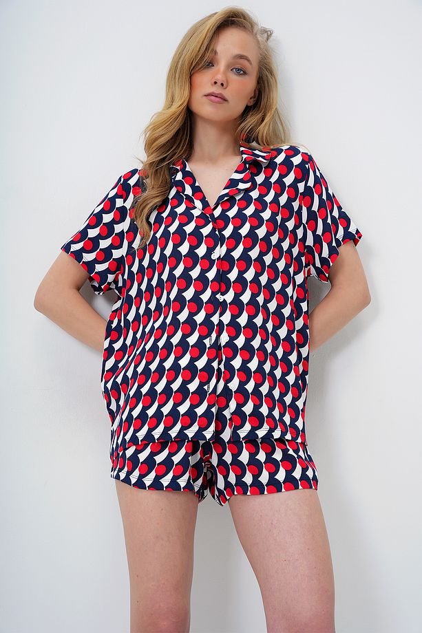 Kadın Lacivert Geometrik Desenli Önü Düğmeli Dokuma Gömlek Ve Şort Pijama Takım PJM-X13889 - 5