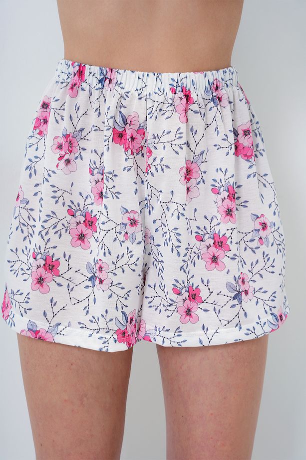 Kadın Gri Pembe Çiçek Desenli Örme Pamuklu Gömlek Ve Şort Pijama Takımı PJM-X13886 - 5