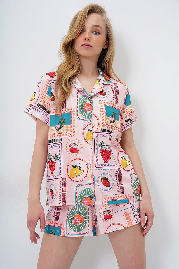 Kadın Pudra Desenli Önü Düğmeli Dokuma Gömlek Ve Şort Pijama Takım PJM-X13890 - 2