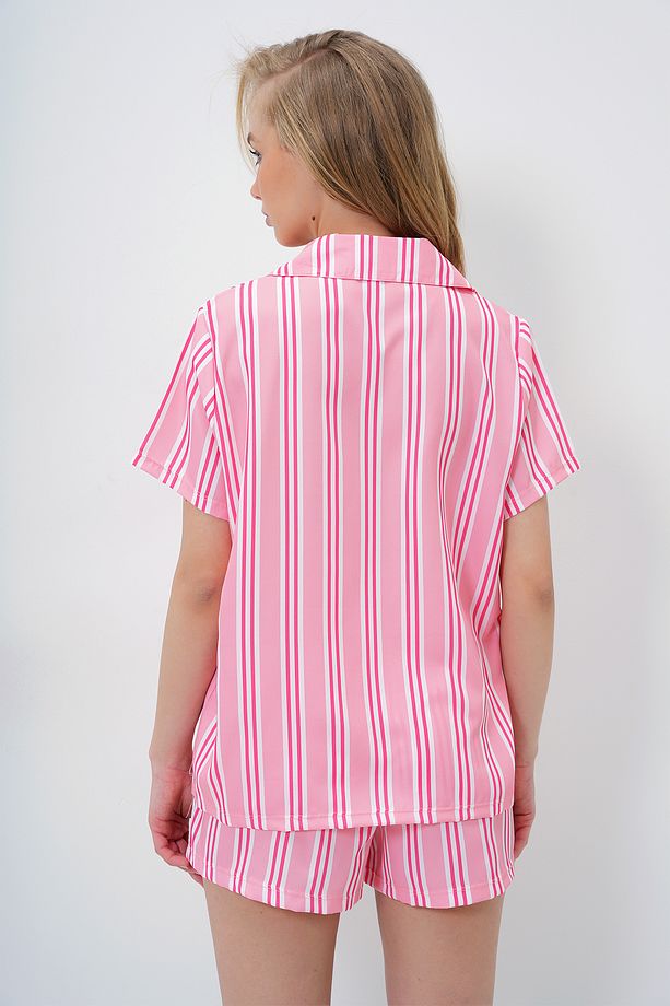 Kadın Somon Çizgi Desenli Önü Düğmeli Dokuma Gömlek Ve Şort Pijama Takım PJM-X13891 - 6