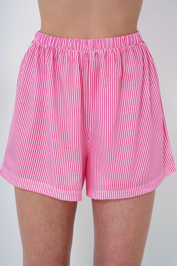 Kadın Pembe Çizgi Desenli Örme Pamuklu Gömlek Ve Şort Pijama Takımı PJM-X13884 - 5