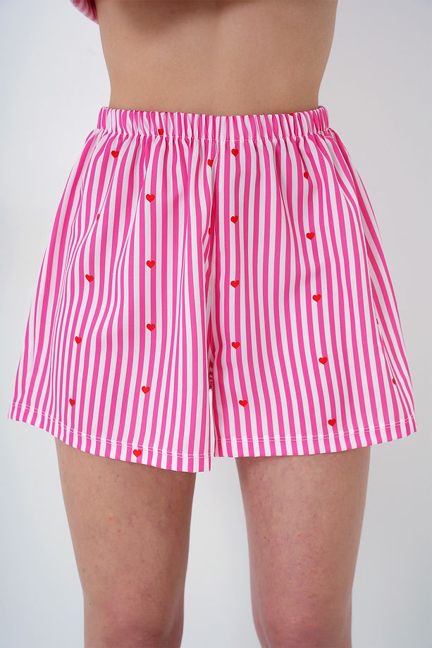 Kadın Şeker Pembe Çizgi Desenli Önü Düğmeli Dokuma Gömlek Ve Şort Pijama Takım PJM-X13891 - 5