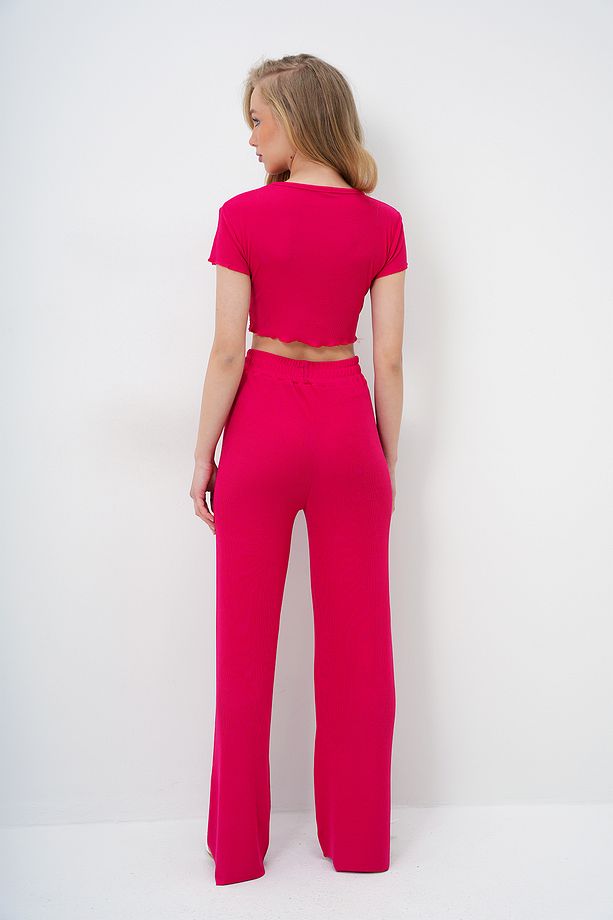Kadın Fuşya Bisiklet Yaka Crop Bluz, Şort Ve Pantolonlu 3 Lü Set Pijama Takımı PJM-X13916 - 6