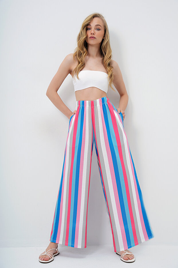 Women's Pink Blue Double Pocket Line Patterned Wide Leg Summer Trousers Alc-X14142