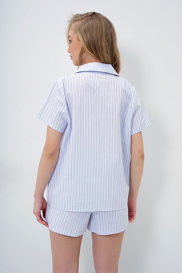 Kadın Bebe Mavi Çizgi Desenli Önü Düğmeli Dokuma Gömlek Ve Şort Pijama Takım PJM-X13891 - 6