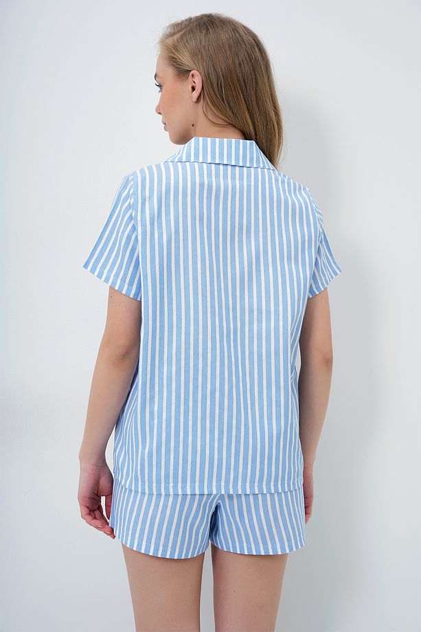 Kadın Mavi Yazlık Pamuk Örme Gömlek Ve Şort Pijama Takım ALC-X14085 - 5