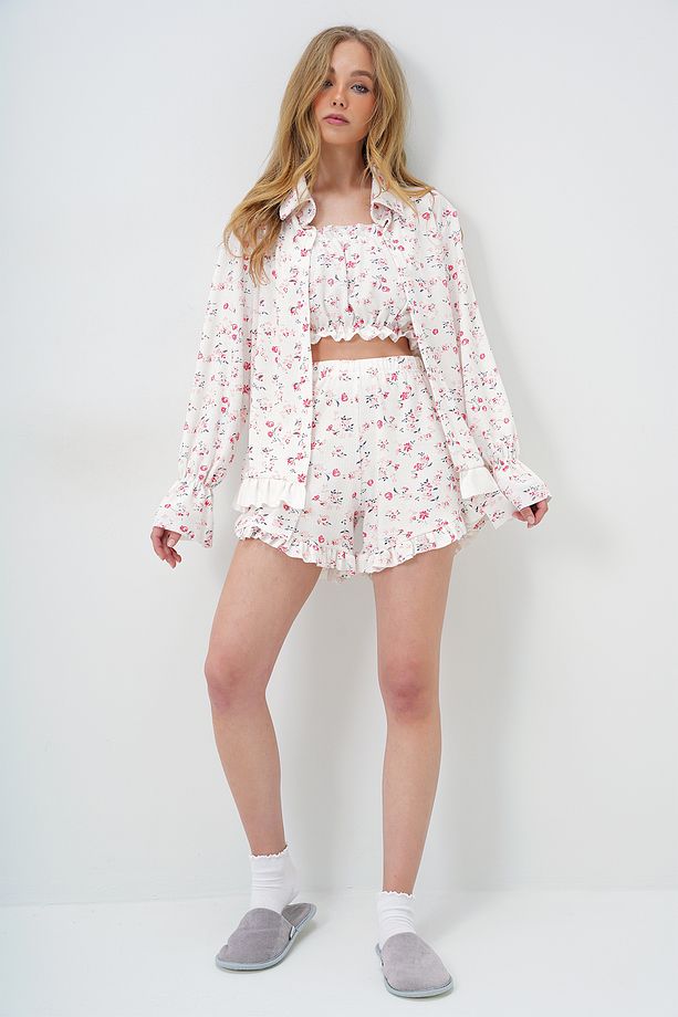 Mikro Çiçek Nar Pamuklu Fırfır Detaylı Büstiyer Şort Ve Kimonolu 3'Lü Pijama Takımı PJM-X13897 - 6