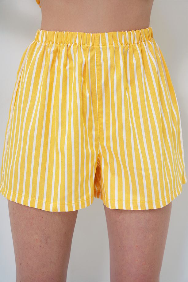 Kadın Sarı Yazlık Pamuk Örme Gömlek Ve Şort Pijama Takım ALC-X14085 - 5