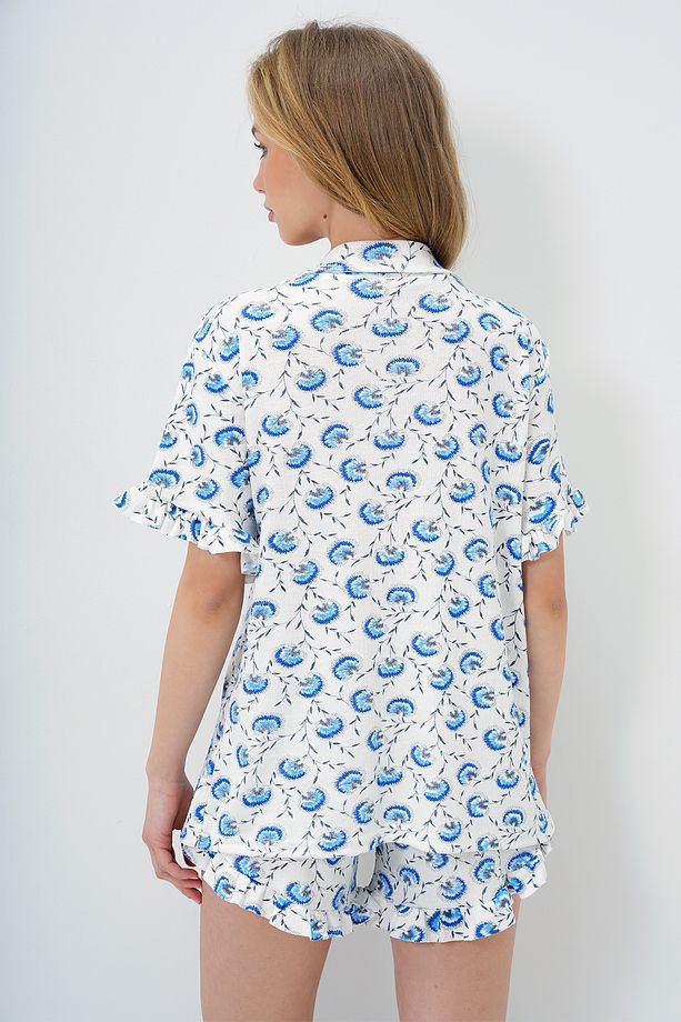 Zambak Mavi Tek Cepli Kolları Ve Paçası Fırfırlı Pamuklu Gömlek Ve Şortlu Pijama Takımı PJM-X13896 - 6