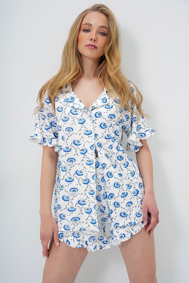 Zambak Mavi Tek Cepli Kolları Ve Paçası Fırfırlı Pamuklu Gömlek Ve Şortlu Pijama Takımı PJM-X13896 - 4
