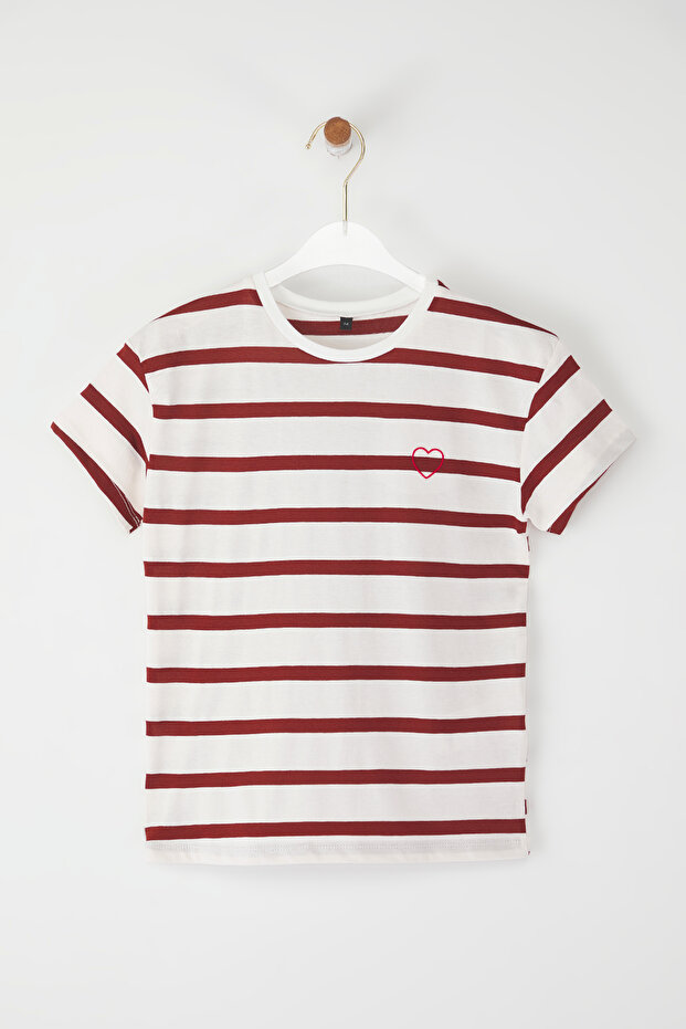 Turuncu Kız Çocuk %100 Pamuk Çizgili Kısa Kol Örme T-Shirt TKDSS25TS00103 - 2