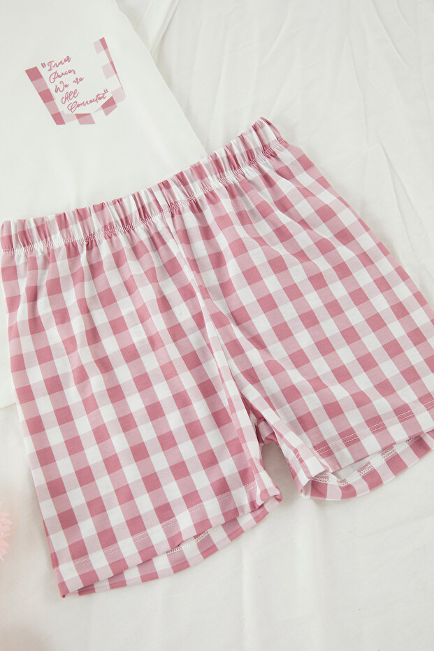 Ekru Kız Çocuk Ekoseli Kısa Kol Şortlu Örme Pijama Takımı TKDSS25PT00034 - 3