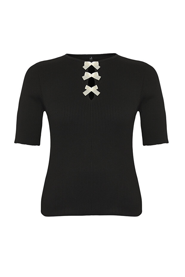 Siyah Fiyonk/Kurdele Detaylı Fitilli Triko Bluz TBBSS25AF00045 - 6