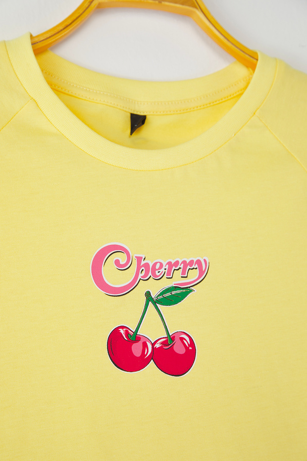 Beyaz-Sarı 2'li Kız Çocuk %100 Pamuk Meyve Baskılı Kısa Kol Örme T-Shirt TKDSS25TS00095 - 2