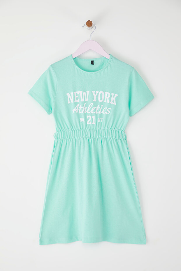 Mint Kız Çocuk %100 Pamuk Slogan Baskılı Kısa Kol Beli Lastikli Mini Örme Elbise TKDSS25EL00084 - 3