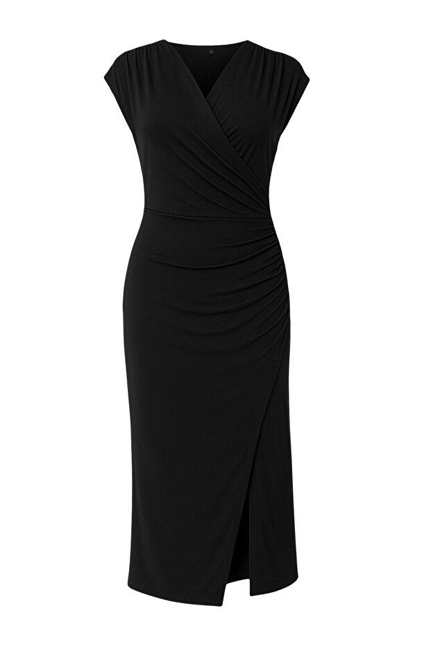 Siyah Düz Büzgü / Drape Midi Büzgü Drape Detaylı Kruvaze Yaka  Örme Elbise TWOSS25EL00098 - 6