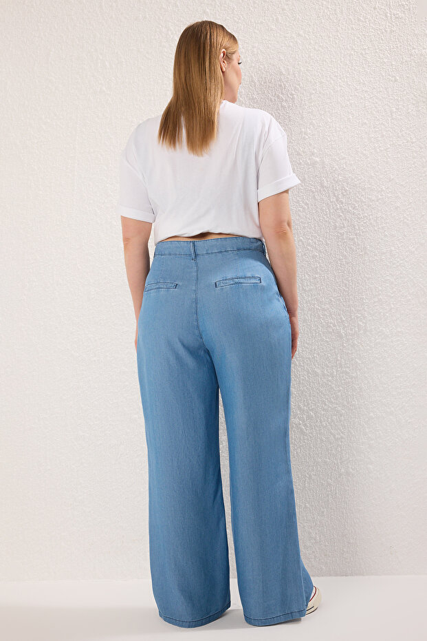 Mavi Yüksek Bel Geniş Paça İnce/Yazlık Tencel Büyük Beden Wide Leg Jeans TBBSS25CJ00022 - 4