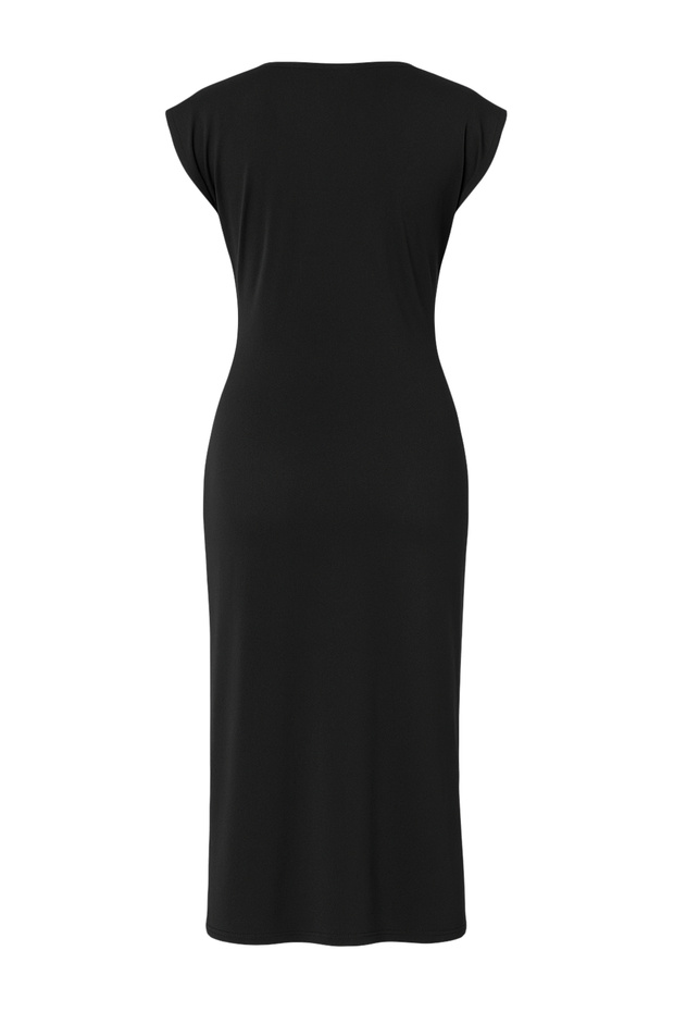 Siyah Düz Büzgü / Drape Midi Büzgü Drape Detaylı Kruvaze Yaka  Örme Elbise TWOSS25EL00098 - 7