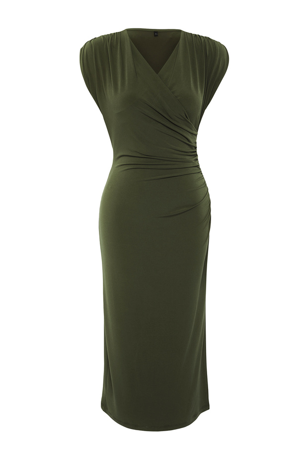 Haki Düz Büzgü / Drape Midi Büzgü Drape Detaylı Kruvaze Yaka Örme Elbise TWOSS25EL00098 - 6