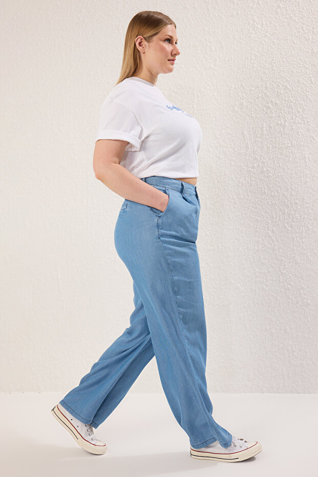Mavi Yüksek Bel Geniş Paça İnce/Yazlık Tencel Büyük Beden Wide Leg Jeans TBBSS25CJ00022 - 2