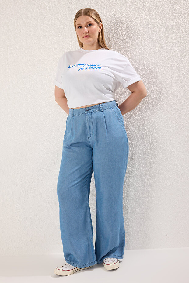 Mavi Yüksek Bel Geniş Paça İnce/Yazlık Tencel Büyük Beden Wide Leg Jeans TBBSS25CJ00022 - 1