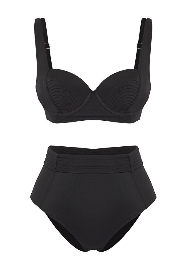 Siyah Nervürlü Balconette Kaplı Hipster Yüksek Bel Bikini Takımı TBESS25BT00143 - 5