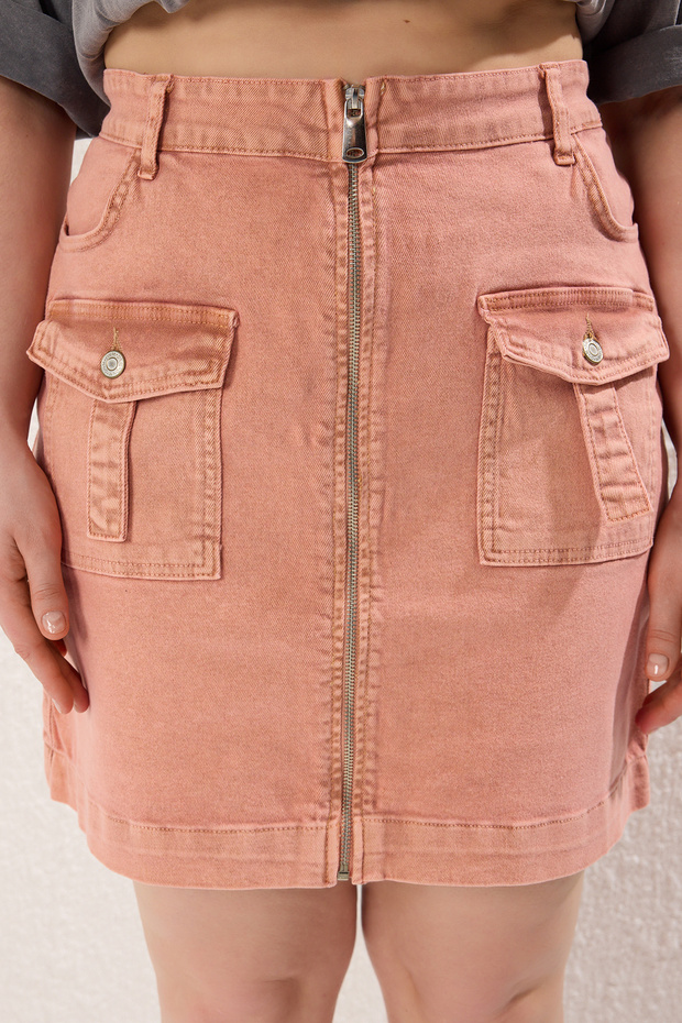 Kiremit Esnek Cep Detaylı Denim Büyük Beden Etek TBBSS25AZ00018 - 3