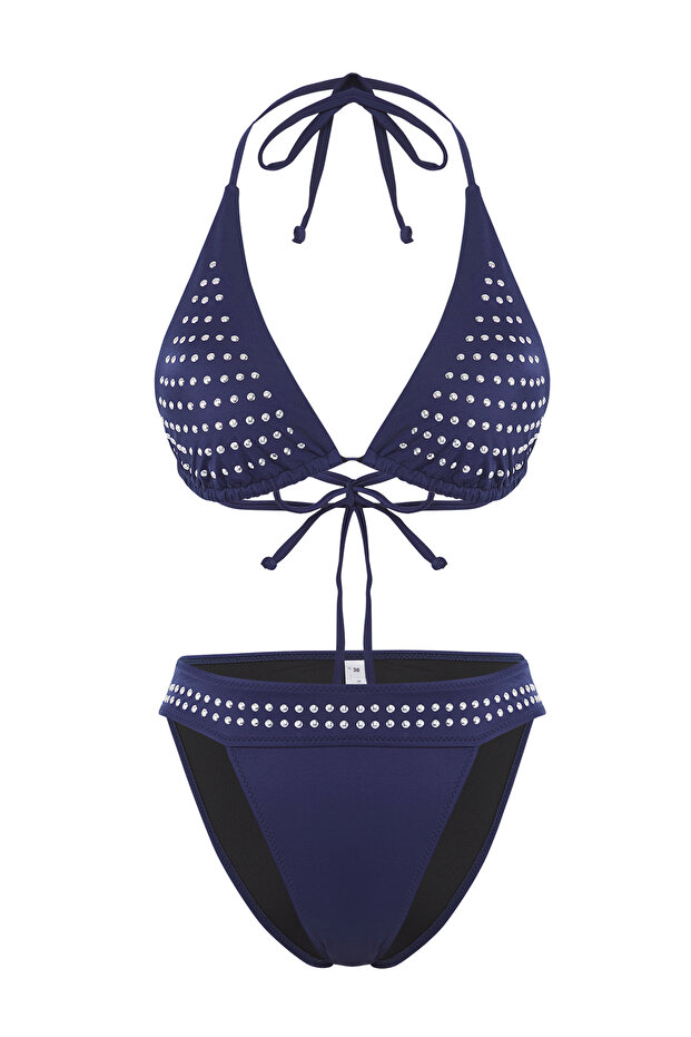 Koyu Lacivert Taş Baskı Üçgen Kaplı Brazilian Normal Bel Bikini Takımı TBESS25BT00094 - 5