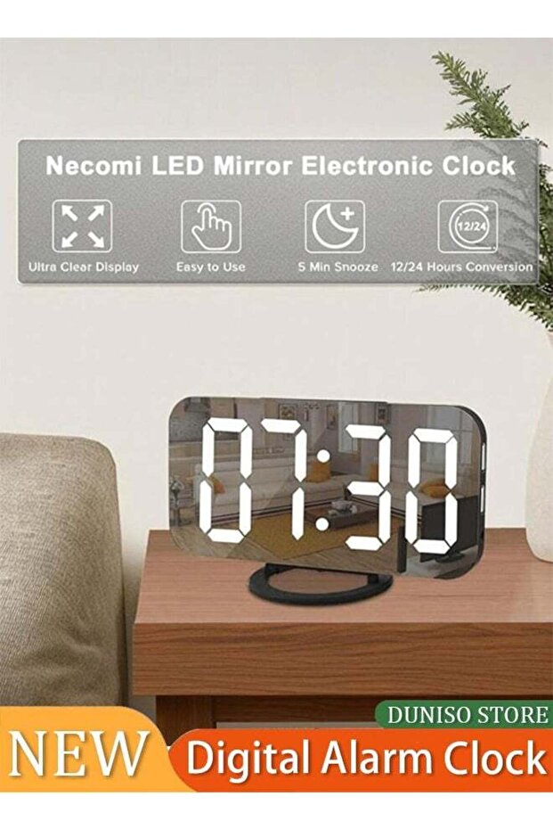 Digital Alarm Clock, 6.2" LED Mirror Electronic Clock, Snooze Mode, Auto Adjust Brightness, USB, Des