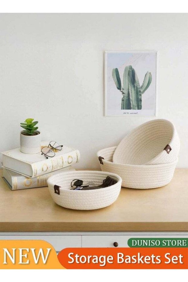 Set of 3 Rope Woven Storage Baskets Set For Organizing, Thick Cotton Rope Hand Woven Storage Basket, Durable Nursery Baskets Organizer Bins For Baby Toys (Off White)