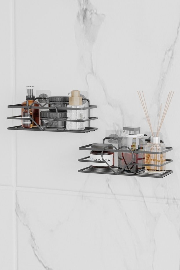 2Pcs Bathroom Shelves with Heart Design Adhesive and Hooks, Adhesive Heart Design Bathroom Organizer