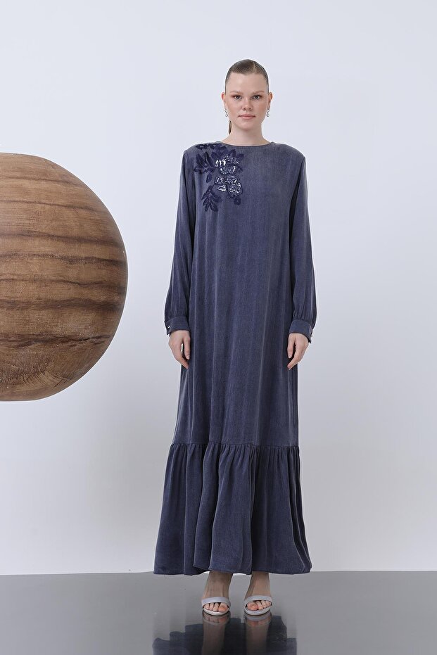 Kadın Önü Nakışlı Ve İşlemeli Elbise - 12597ELB - Lacivert - 4