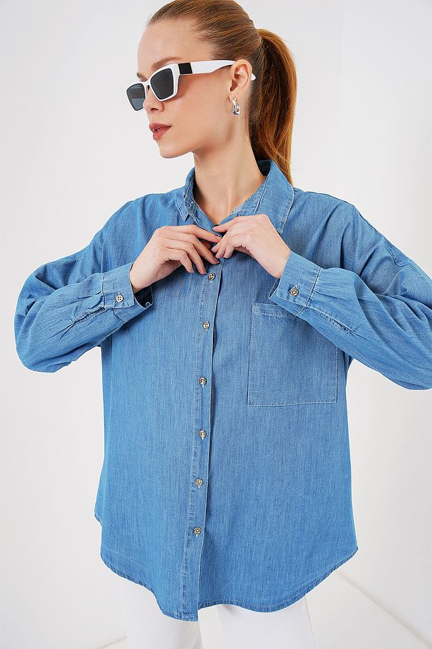 Kadın Oversize Kot Gömlek 20280 - Mavi - 4
