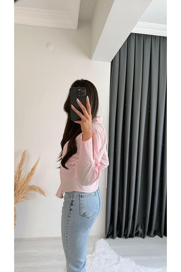 Ruffle Pembe Kruvaze Bağlamalı Gömlek - 5