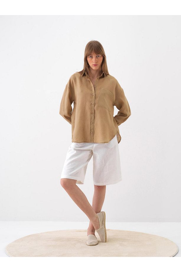Kadın Camel Oversize Keten Basic Gömlek - 2