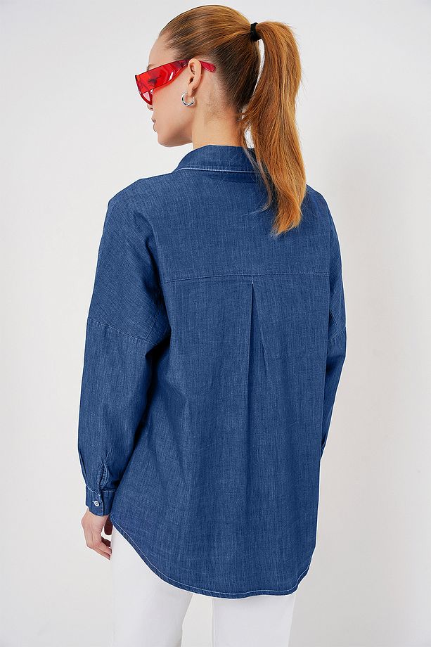 Kadın Oversize Kot Gömlek 20280 - Lacivert - 6