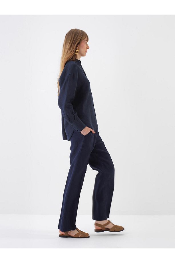 Kadın Lacivert Oversize Keten Basic Gömlek - 4