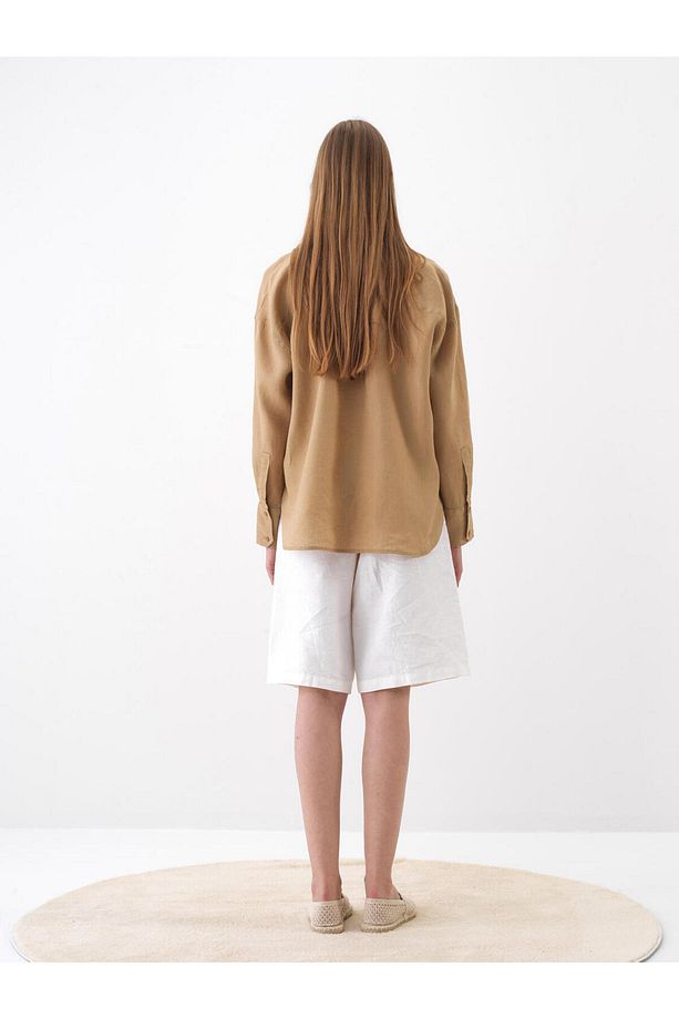 Kadın Camel Oversize Keten Basic Gömlek - 4