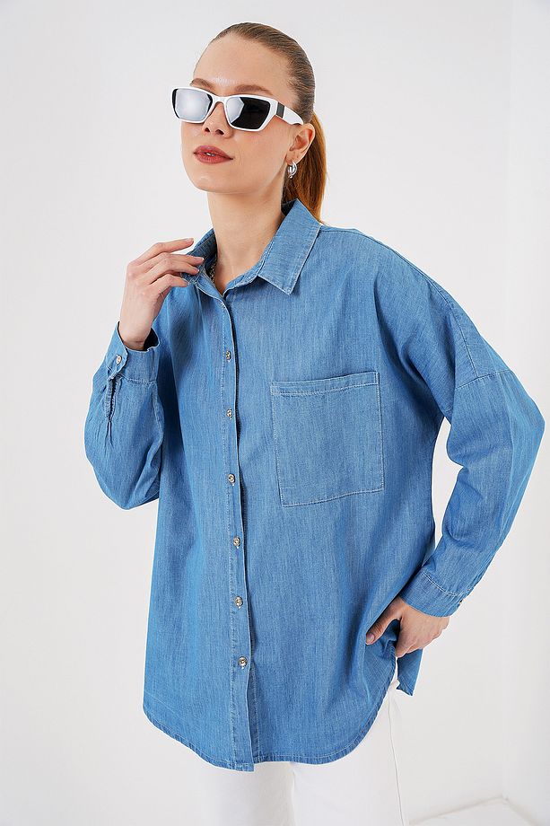 Kadın Oversize Kot Gömlek 20280 - Mavi - 3