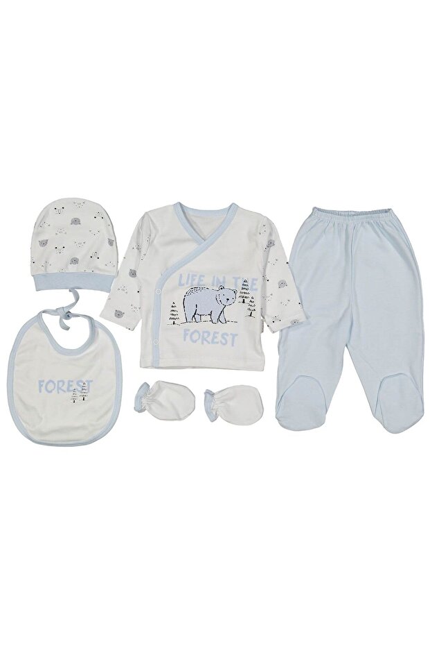 Ecru Blue Forest Bear 5 Piece Baby Boy Hospital Exit Set
