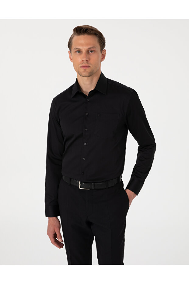 قميص أساسي أسود 100% قطن بأكمام طويلة وقصة عادية 50302972-VR046